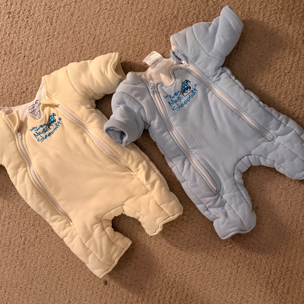 Baby Merlin's Magic Sleepsuit Lot of 2 Blue Small 3-6M & Yellow Large 6-9M